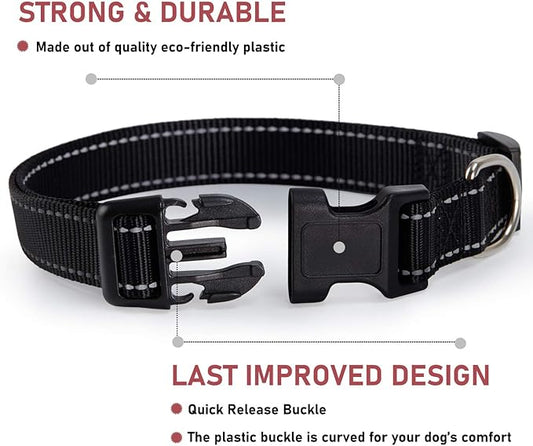 Reflective Dog Collar with Buckle Adjustable Safety Nylon Collars for Small Medium Large Dogs, Black M