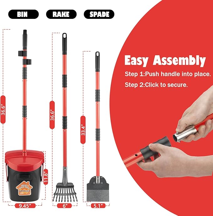 Dog Pooper Scooper With Bag Attachment,Heavy Duty Metal Rake&Spade Swivel Bin,NonBreakable Poop Scoop for Small Large Dogs,Includes 100 Waste Bag Odorless Design Easy to Use on Grass,Dirt,Gravel