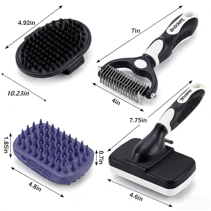 4PCS Self Cleaning Slicker Brush, Pet Grooming Rake, Bath Brush & Massage Brush for Short/Long Haired Dogs, Cats & Horses, Pet Grooming Deshedding Tools - Pet Supplies (White Black)