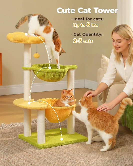 MUTTROS Flower Cat Tree with 2 Large Hammocks, 37.4" Small Cat Tower for Indoor Kitty with 6 Scratching Posts, Cute Cat Tree with Flower Top Perch, Yellow