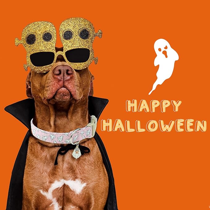 Faygarsle Pink Ghost Pattern Dog Collar with Charm, Halloween Pet Necklace, Adjustable Collar for Small Medium Large Dogs XS