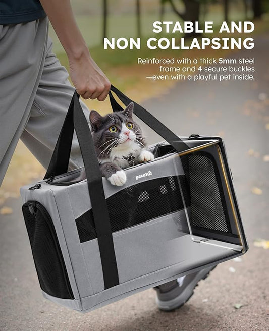Pecute Cat Carrier Stable, Pet Carrier with Hidden Anxiety Relief Partition & Stable Steel Frame, Safe Cat Carrier for Car Travel, Soft-Sided Dog/Cat Carrier Bag for Pets Up to 11lbs, Gray
