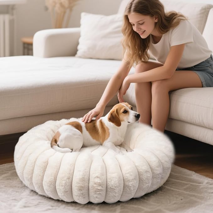 Donut Dog and Cat Bed, Luxurious Comfortable Faux Rabbit Fur Pet Beds, Round Anti-Anxiety Calming Puppy Kitten Bed with Anti-Slip Bottom for Small Medium Dogs & Cats(28", White)
