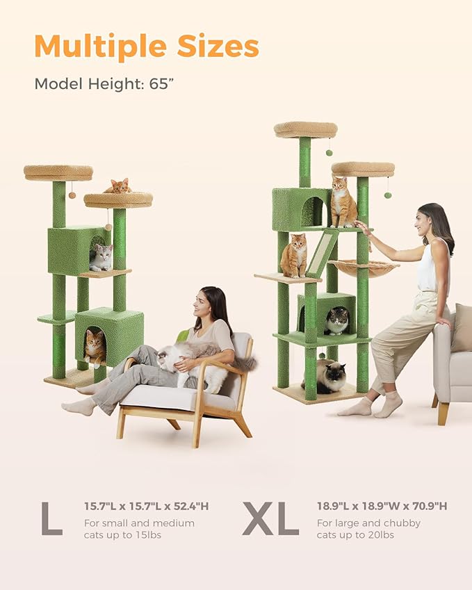 MUTTROS 52.4" Cactus Cat Tree, Cute Cat Tower for Indoor Cats with 2 Padded Perches, 2 Cozy Condos & Sisal Scratching Posts, Green