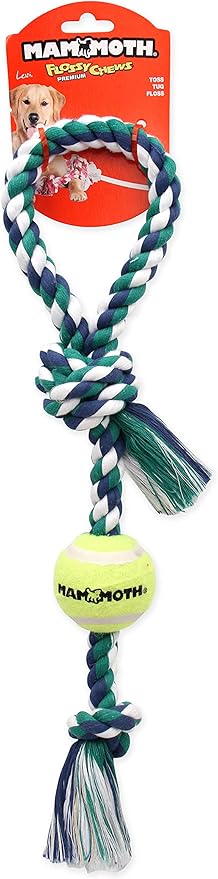 Mammoth Flossy Chews Color 3 Knot Tug with Tennis Ball Premium Cotton-Poly Tug Toy for Small to Medium Dogs - Assorted Colors