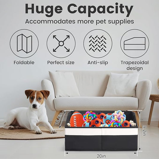 Large Dog Toy Basket With Handle, Foldable Dog Toy Box for Living Room Area, 20" Basket for Dogs Toys, Clothes, Organizers and Storage with Hard Board, Anti-slip for Pet Toys (Black, Medium)