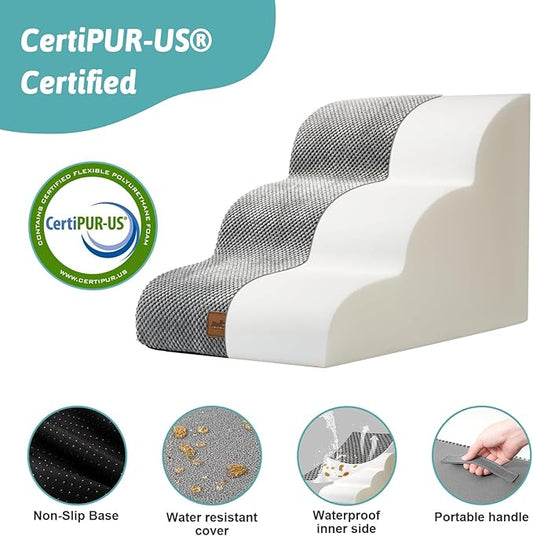 Wide Dog Stairs for Small Dog 15.7" H, Pet Step for Puppy, Older Cat, Curved Ramp for Couch, Durable Anti-Slip Ladder with High Density Foam, 3 Step, 17.7x22.4x15.7 inch, Grey
