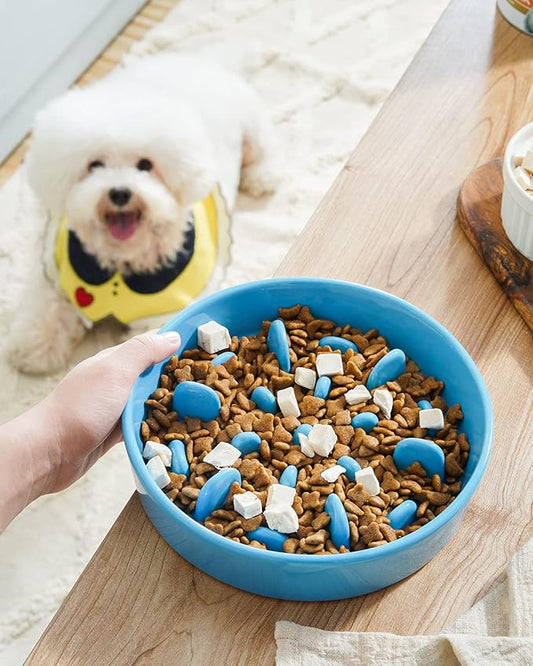 LE TAUCI PET Slow Feeder Dog Bowl Ceramic, 1.5 Cups, Blue, Non-slip Base