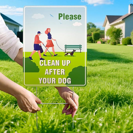 2-Pack Clean Up After Your Dog Signs, 12x9 Inch Double Sided Yard Signs with Metal H-Stakes, Weatherproof & UV Resistant No Pooping Dog Lawn Signs