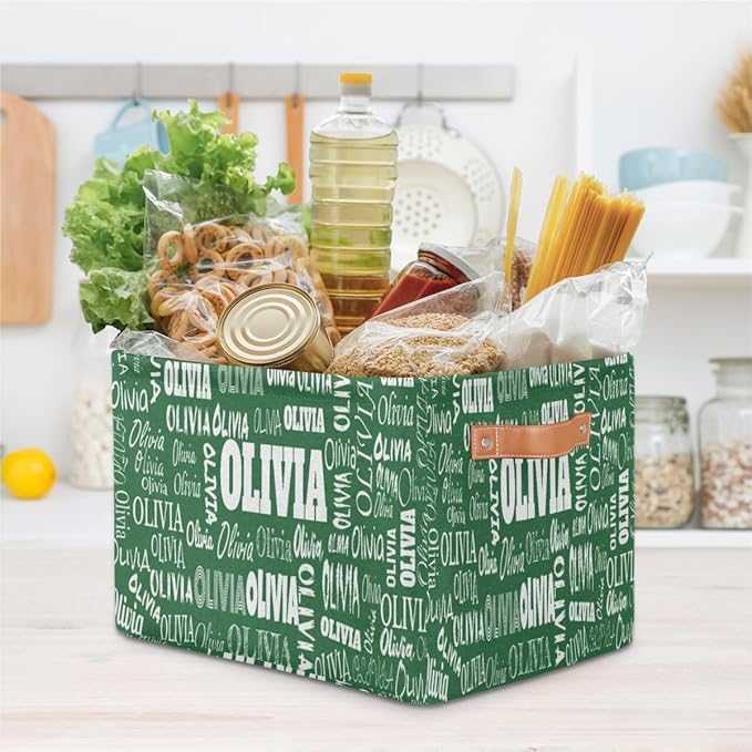 Personalized Name Storage Basket with Handles, Canvas Storage Bins Toys Clothes Organizer for Bedroom, Kitchen, Bathroom, Nursery, Shelves, Closets, Deep Green Color Background