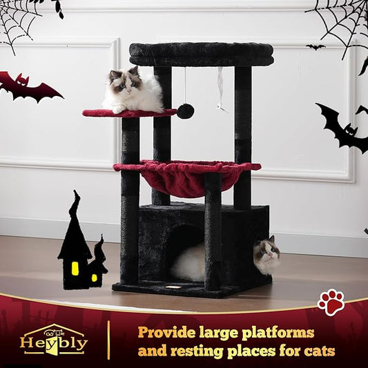 Heybly Cat Tree, Kitten Tower with Large Soft Cat Basket, Cat Condo with Spacious Cat Bed Cave with Hidden Space, Sisal-Covered Scratching Posts, Dangling Ball for Indoor Cats, Black and Red HCT008SBR