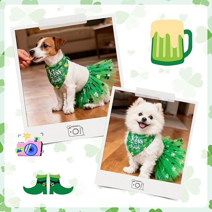 SCENEREAL St. Patrick's Day Dog Bandana Dress with Hat Set, Puppy Irish Costume for Small Medium Sized Girl Dogs Cats, Cute Tutu Skirt Green Holiday Pet Outfit Party Supplies
