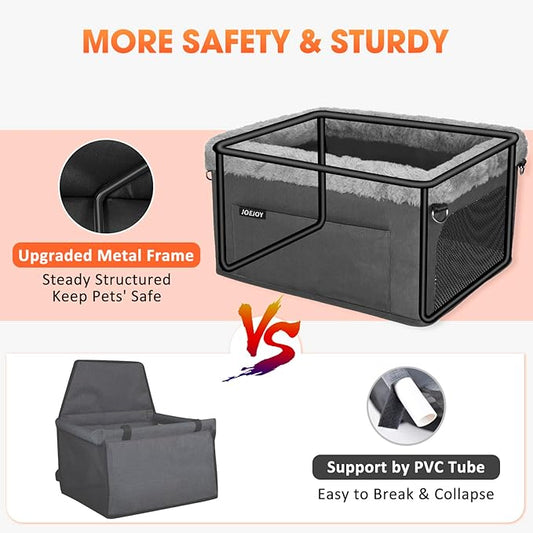 JOEJOY Deluxe Dog Booster Seat with Sturdy Metal Frame and Safety Leash for Small Pets up to 20 lbs - Portable Puppy Dog Car Seat with Thick Cushion and Storage Pockets for Small Dogs, Black