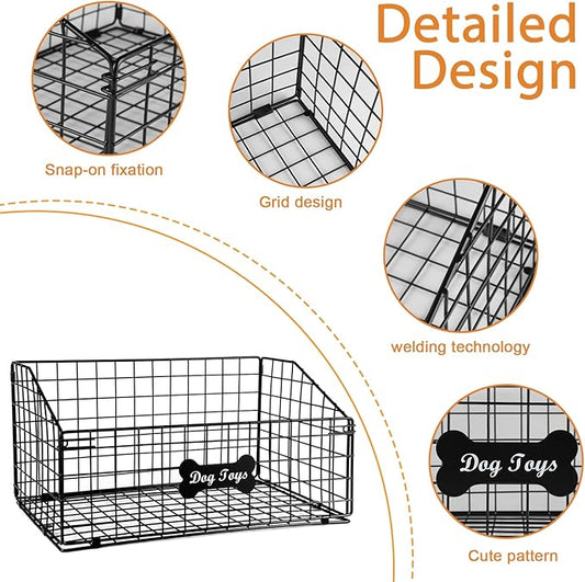Large Dog Toy Basket, Metal Dog Toy Bin, Mesh Wire Basket with Wooden Handles, Toy Box for Living Room Area, Dog Toys Box, Pet Toys for Dog Cat, Sturdy Dog Basket for Dog Leash,Blanket,Toys,Snacks