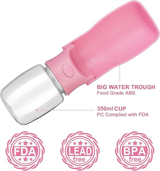 Dog Water Bottle Portable, Leak Proof Foldable Pet Water Dispenser for Dogs & Cats, 350ml (12oz) Dog Water Bowl Drink Cup Pet Summer Accessories for Outdoor Travel Walk Hinking (Pink)