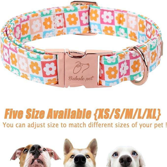Spring Dog Collar, Pastel Checkered Flowers Pet Collar with Metal Buckel, Durable Adjustable Designer Dog Collars for Small Medium Large Dogs XL