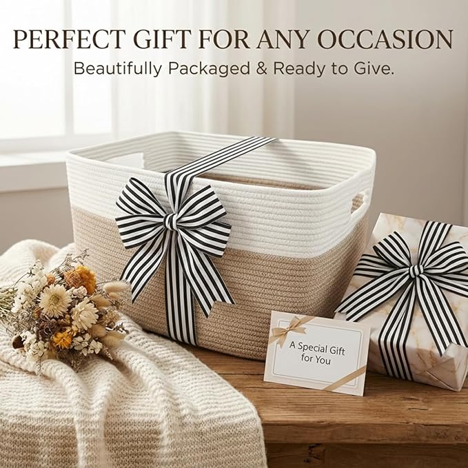 Woven Blanket Basket,96L Large Storage Bin for Blankets Toys Clothes,Decorative Rope Basket for Living Room Bedroom with Handles, White&Oatmeal