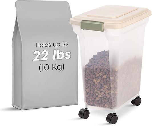 IRIS USA Airtight Dog Food Storage Container, WeatherPro, Up to 22 lbs, Removable Wheels, for Dog Cat Bird and Other Pet Food Storage Bin, Keep Fresh, Made in USA, Almond/Clear