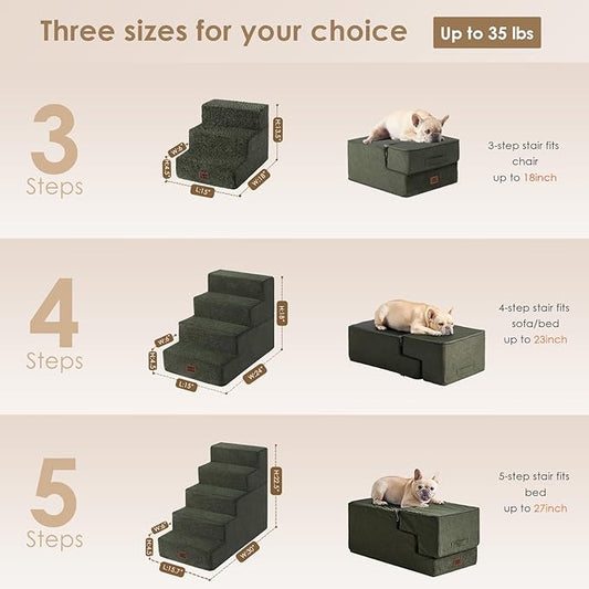 EHEYCIGA Dog Stairs for Small Dogs 13.5" H, 3-Step Dog Steps for Couch Sofa and Chair, Pet Steps for Medium Cats, Non-Slip Balanced Pet Ramp Indoor, Military Green