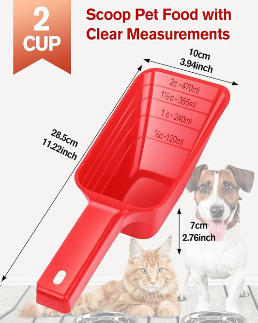 2 Cup Dog Food Scoop(2 Pack), Plastic Pet Food Scoop with Measuring Lines for Accurate Pet Food Portions,Dishwasher Safe (Red)