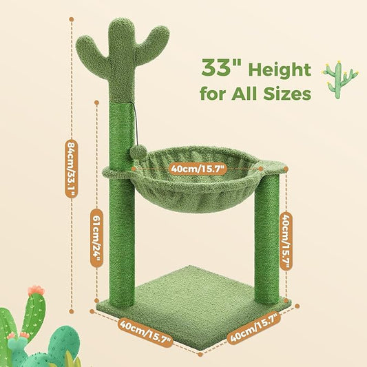 PAWZ Road Cactus Cat Tree, 33 Inchs Cat Tower with Large Soft Hammock and Fully Wrapped Sisal Scratching Post for Indoor Cats