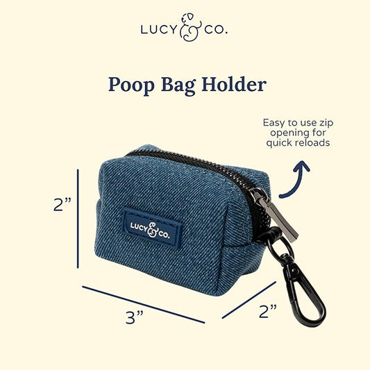 Lucy & Co. Dog Poop Bag Holder - Leak Proof Dispenser with Leash Attachment - Easy Refills - Hygienic Pet Poop Pickup- Blue Denim