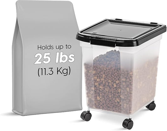 IRIS USA Airtight Dog Food Storage Container, WeatherPro, Up to 25 lbs, Removable Wheels, for Dog Cat Bird and Other Pet Food Storage Bin, Keep Fresh, Translucent Body, Made in USA, Clear/Black
