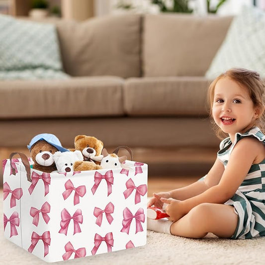 Rectangular Pink Girls basket,Delicate pink bow girls nursery laundry basket,Pink Laundry Hamper,kids waterproof collapsible canvas basket,Toy bins,Girls Room decor(Bowknots)