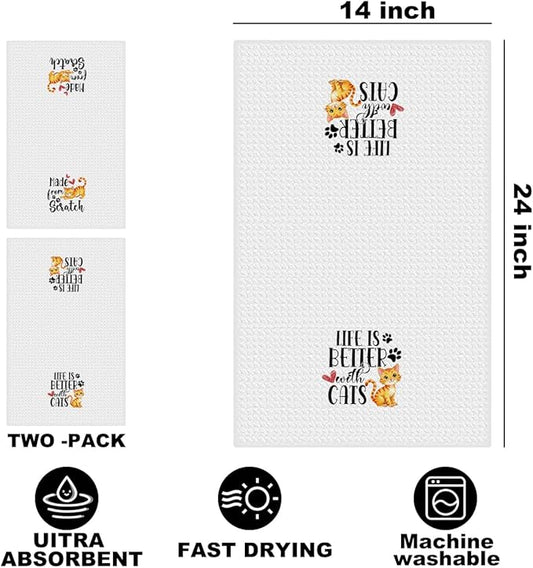 Hanamiya Na 2Pcs Cute Cat Kitchen Towels 24x14 Inch, Make from Scratch, Absorbent Microfiber Dish Cloth Tea Towel, Waffle Hand Towels for Kitchen Home Bathroom, Cat Lover Gifts