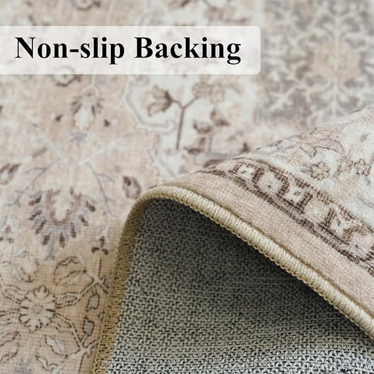 4x5 Living Room Area Rugs: Washable Farmhouse Bedside Rugs Non Slip Low Pile Vintage Small Carpet for Kitchen Bedroom Non-Shedding Printed Floor Mat for Nursery Room Office Dining Room(4x5,Beige)