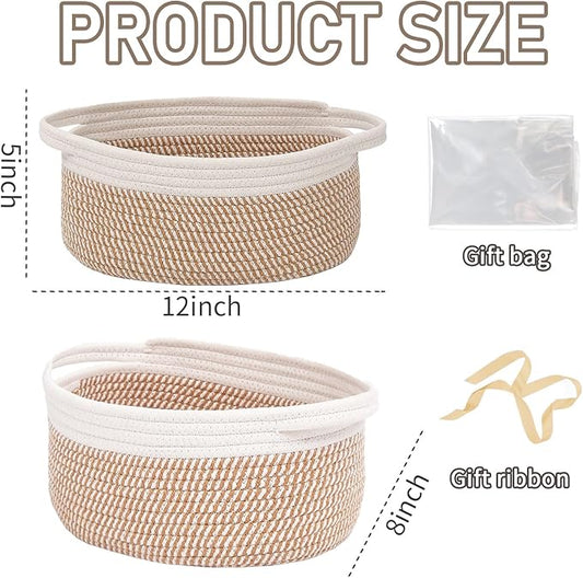 Woven Basket,Small Rope Storage Bin with Handles & Ribbon Bag, Organizer for Shelves Closets,Gift Basket Empty for Birthday,Books,Dog Toys, White&Brown Block/3 Pack