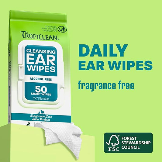 TropiClean Dog Ear Wipes, Dog Ear Cleaner, Soothing Itch Relief, Gently Removes Wax and Debris, Odor Eliminating, Safe for Daily Use, Cat Safe, 50ct.