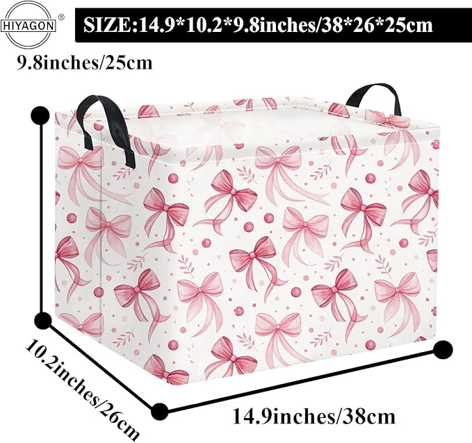 HIYAGON Rectangular Pink Basket for Girls Kids Baby Storage Basket Toy Storage Bin Organizer Box Room Decor(Pink Bowknot)
