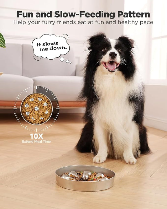2-Pack Slow Feeder Dog Bowls – Stainless Steel Metal Bowls with Double-Sided Design, 5 Cups Large Capacity for Dry, Wet, Raw Food, Slow Feeding for All Dog Sizes, Easy to Clean, Non-Slip