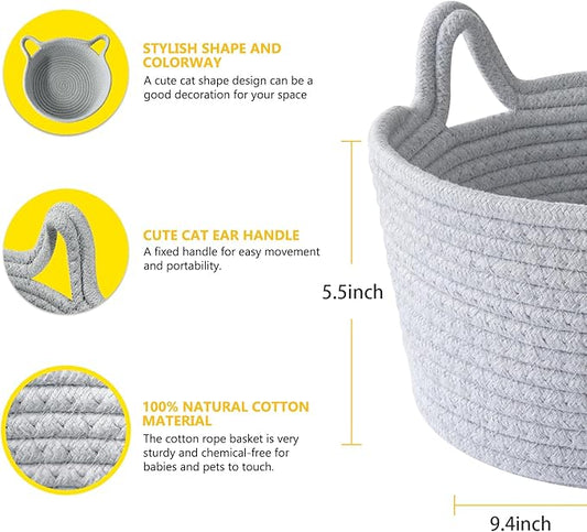 Small Cat Ears Toy Organizer, Woven Cotton Rope Basket, Decorative Nursery Bins & Boxes Gift Basket Empty for Baby Pet Toy Storage