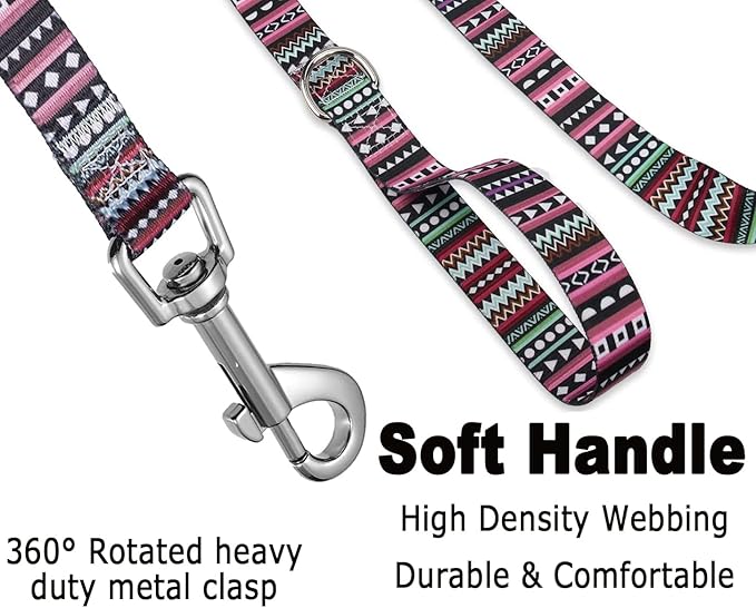 Dog Collar and Leash Set with Bohemia Floral Tribal Geometric Patterns - Soft Ethnic Style Collar Adjustable for Small Medium Large Dogs(Bohemian Purple Set,XS)