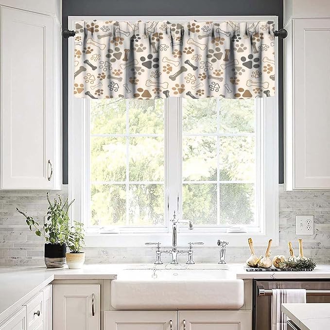 Paw Valances Curtain for Kitchen, Brown Beige Dog Paw Bone Window Treatment Valances Short Curtains Rod Pocket Drape for Dining Room Home Farmhouse Decor, 54x18inch