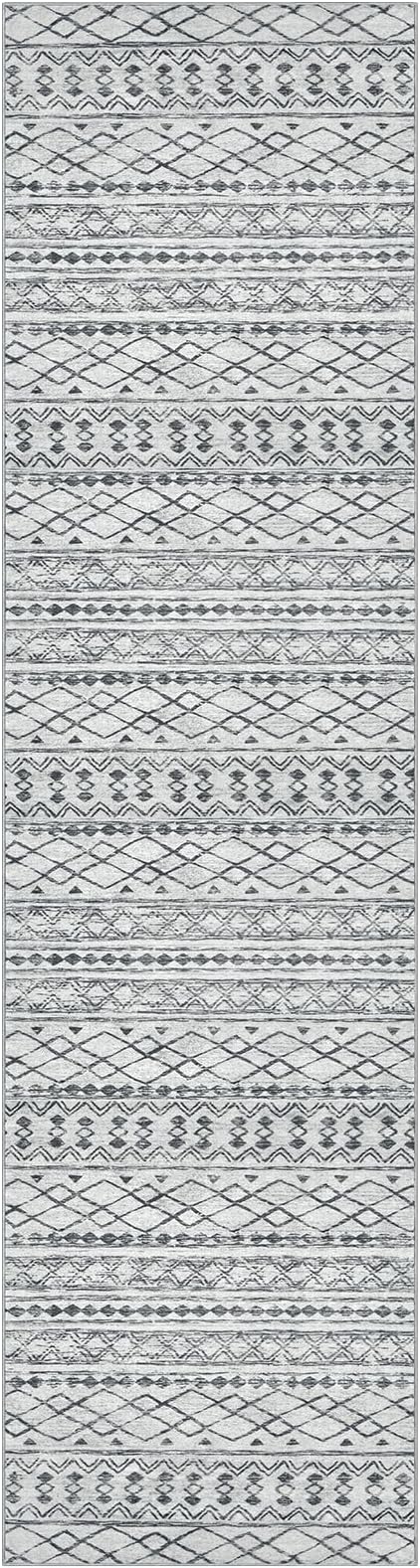 KUTA Boho Runners for Hallways 2.6x10 ft Moroccan Washable Runner Rug Non-Slip Vintage Grey Kitchen Rugs Ultra Soft Distressed Geometric Floor Carpet for Bedroom Laundry Living Room