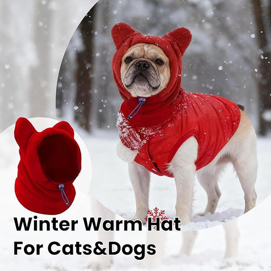Dog Snood Winter Hood with Ear Protection, Fleece Neck Warmer for Dogs, (Red, Large)