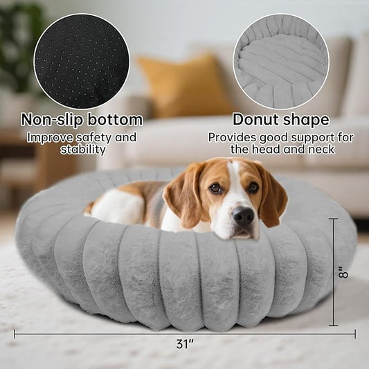 Donut Dog and Cat Bed, Luxurious Comfortable Faux Rabbit Fur Pet Beds, Round Anti-Anxiety Calming Puppy Kitten Bed with Anti-Slip Bottom for Small Medium Dogs & Cats(31", Grey)