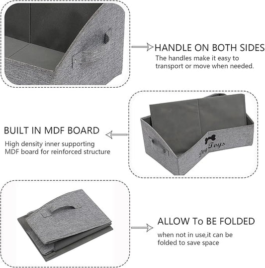 Geyecete 3 Pack Large dog toy bin dog toy box storage box - Foldable Fabric Trapezoid Organizer Boxes with Handle for Dog Toys (Snow Gray-DOG)