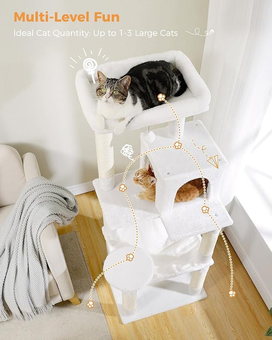 MUTTROS Cat Tree for Large Cats with Metal Plush Big Hammock, 56.3" Cat Tower for Indoor Cats with 2 Door Condo House, 6-Tier Cat Shelves with Scratching Posts and Large Top Perch, Cream White