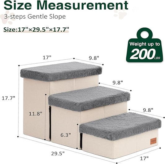Love's cabin Dog Stairs for High Bed 18" H, 3 Steps with Furry Lids Pet Stairs for Small Medium Large Dogs, Foldable Cat Ramp with Zip up to 200 lbs, Grey