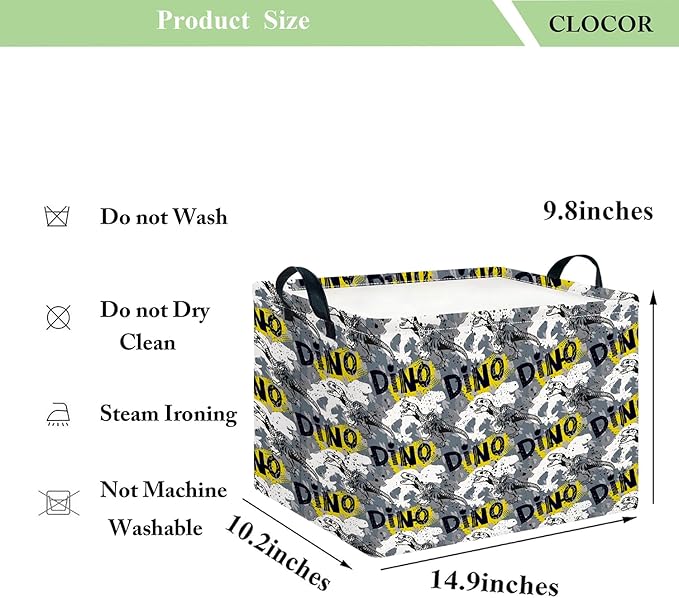 CLOCOR Rectangular Storage Basket,Collapsible Cute Pattern Storage Bin,Waterproof Books Box with Handles,Gift Basket(Grey Dinosaur)