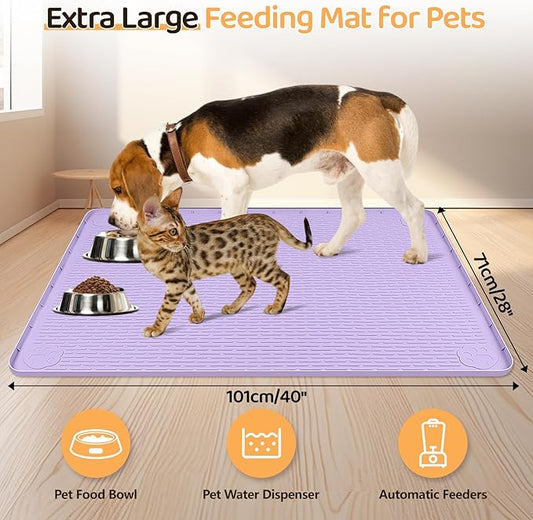 Dog Food Mat, Extra Large 40" x 28" Silicone Pet Feeding Mat with Raised Edge Pet Placemat for Small, Medium, and Large Pets Non-Slip, Easy to Clean (Purple)