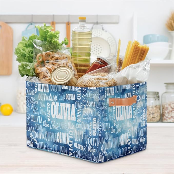 Custom Name Storage Bin, Personalized Rectangular Storage Basket with Handles for Organizing Boys Girls Toys Office Closet Shelf Baskets, Watercolor Blue Starry Night