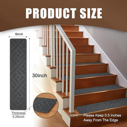 15 Pack 8 "X 30" Non-Slip Carpet Stair Treads for Indoor Wooden Steps, Made of Polyester and Reusable Adhesive, Suitable for Kids Elders and Pets(Grey Lines)