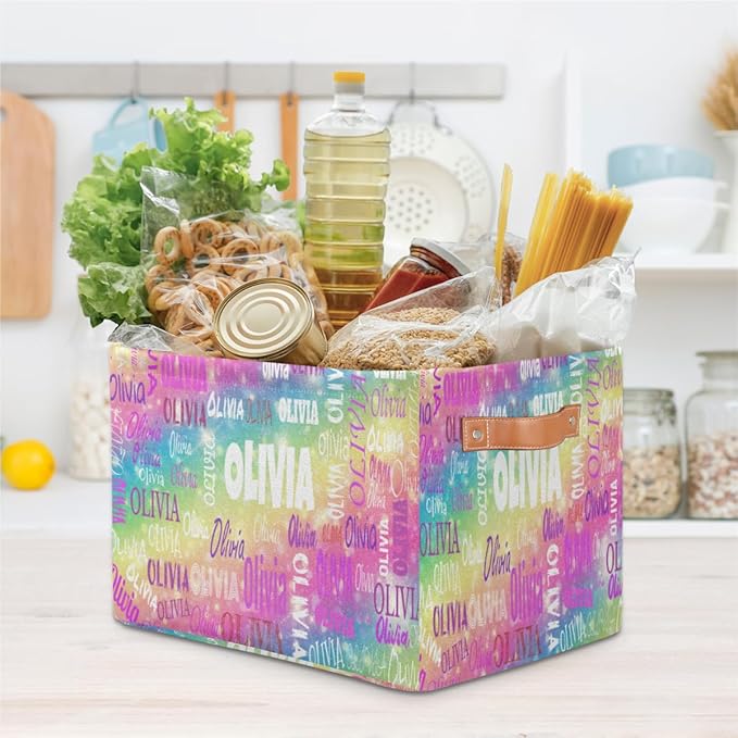 Personalized Name Storage Basket with Handles, Canvas Storage Bins Toys Clothes Organizer for Bedroom, Kitchen, Bathroom, Nursery, Shelves, Closets, Gradient Colorful Pink Yellow Green with Stars