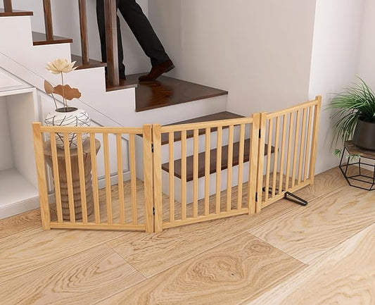 YOCAN Paint-Free Wooden Freestanding Dog Gates for The House,Doorways, Stairs,Wood Dog Fences Indoor Pet Gate,Step Over Fence-3 Panels L:69" H:23"