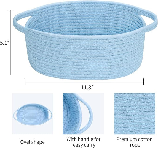 ABenkle Small Basket with Handles - Decorative Durable Rope Woven Storage Bin Shelf Storage Organizer Cube, Easter Baby Gift Basket, 12"x8"x5", Blue